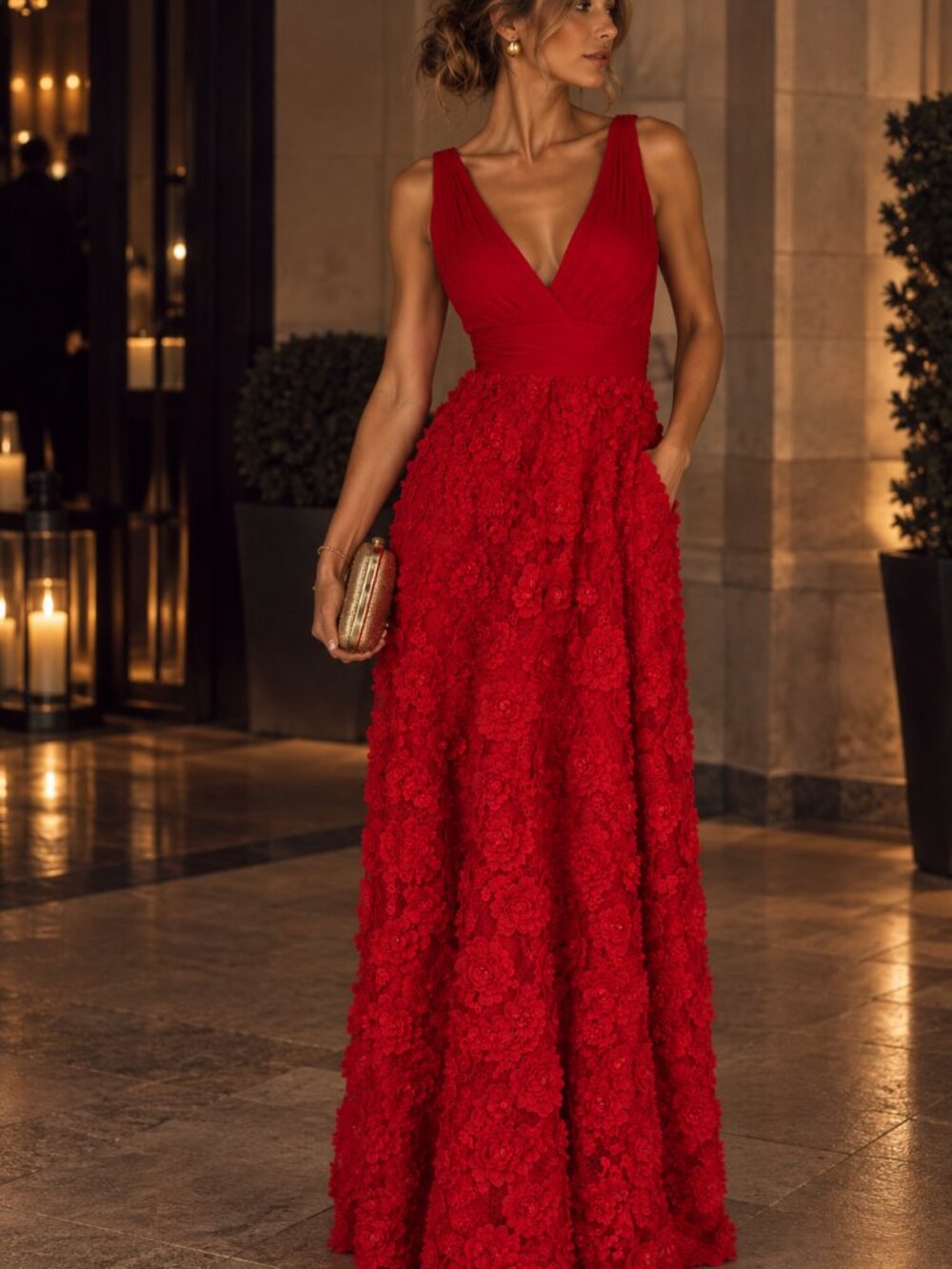 Aidan Mattox Red 3D Floral Applique Pleated Formal Evening Gown Dress Size 10